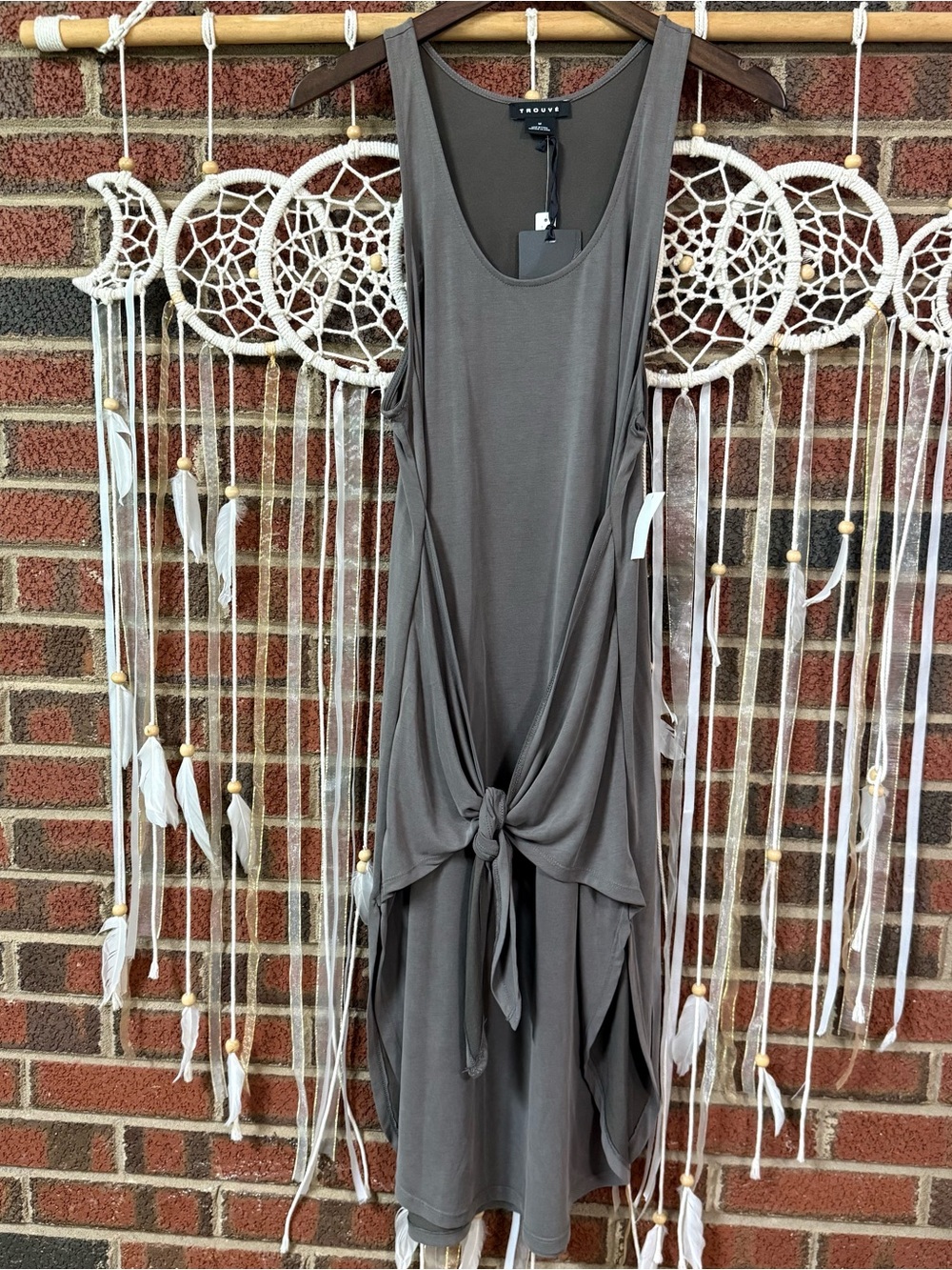 Trouve Gray-Taupe Knot-Front Sleeveless Midi Dress